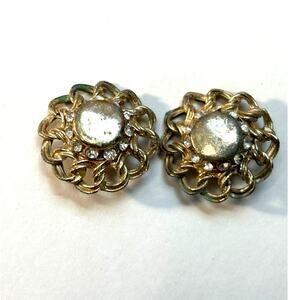 2 Vntg Mid Century Metal & Rhinestone Buttons 1" Retro Vintage Sewing Supplies